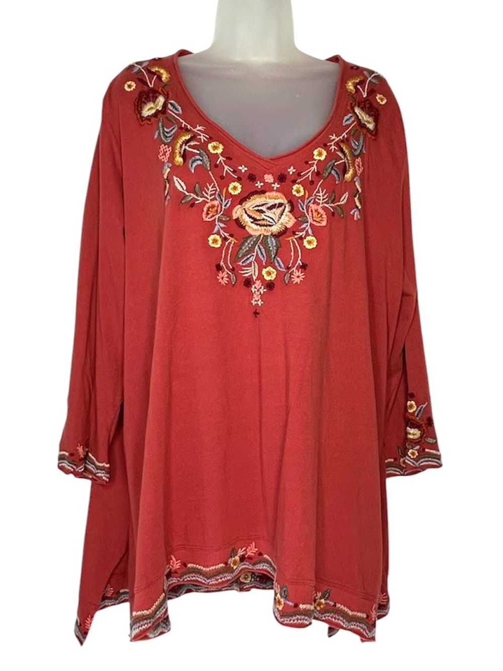 CAITE Women 1X Eliana Embroidered Orange Brown Long Sleeve Cotton Tunic Top.